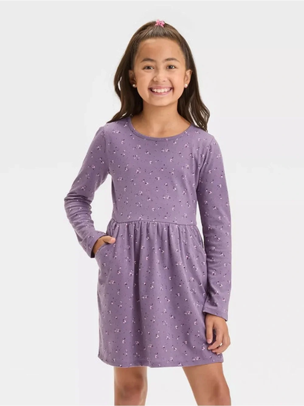 Cat & Jack Kids Girl Dusty Purple Floral Long Sleeve Knit Dress size large plus